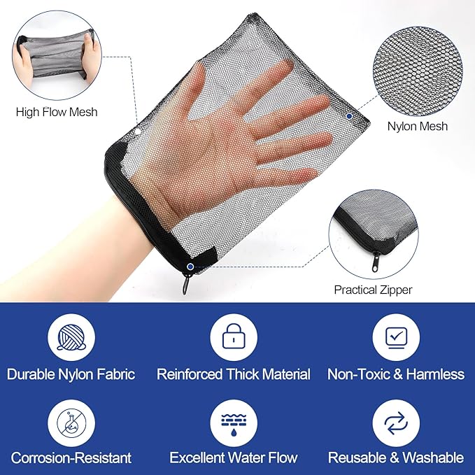 16 Pcs Aquarium Filter Media Bags with Plastic Zipper, Fish Tank Fine Mesh Bags for Activated Charcoal Aquarium, Reusable Aquarium Accessories for Ceramic Rings, Volcano Rock(4inx6in Black, White)