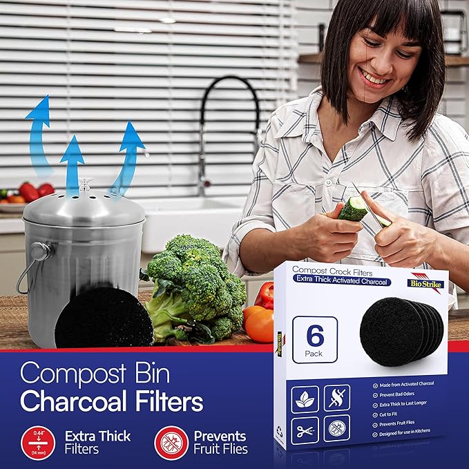 BioStrike Compost Crock - Activated Carbon Filters for Compost Bucket, Control Kitchen Odors, 5.5-inch Round, Made in USA (4 Count)