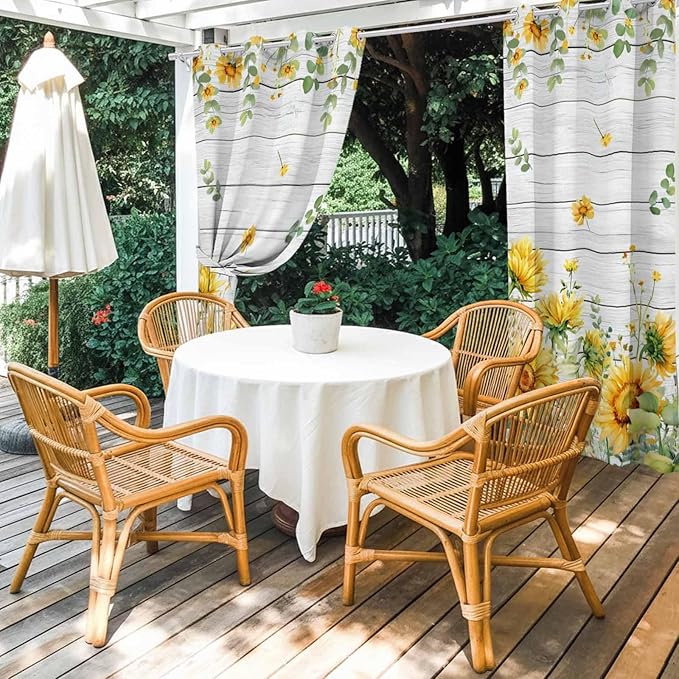 Sunflowers Outdoor Curtains for Patio Summer Floral Eucalyptus Leaf Wood Plank Waterproof Outside Curtains with Grommet Top Weatherproof Curtain for Cabana Pergola Gazebo, 1 Panel, 54" W x 84" L