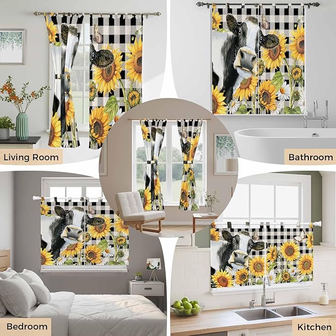 Retro Sunflowers Living Room Curtains 84 Inch Length, Window Curtains Tab Top, Farmhouse Floral Cow Butterfly Black Plaid Light Filtering Window Treatments Drapes 42"x84" 2 Panel