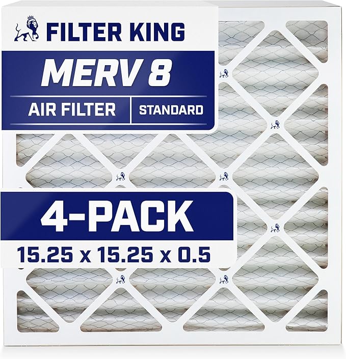 Filter King 15.25x15.25x0.5 Air Filter | 4-PACK | MERV 8 HVAC Pleated A/C Furnace Filters | MADE IN USA | Actual Size: 15.25 x 15.25 x 0.5"