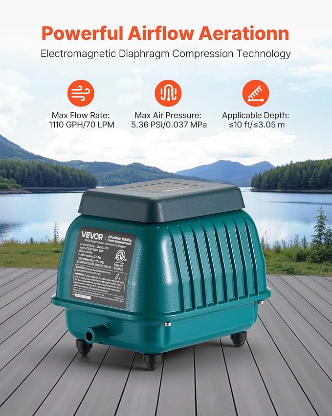 VEVOR Linear Air Pump 1110 GPH | Pond Aerator & Septic Tank Pump for 10ft Deep Water | for Wastewater Treatment, Fish Farms, Hydroponics, Aquariums, Restaurants