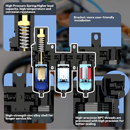 NEWPO 3/8" NPT Air Drying System for Water Separator,3 Stage Compressed Air Filter Regulator Combo, 5＆0.5&0.01 Micron Filter Cartridge,Semi-Auto Drain, Metal Bracket-Black