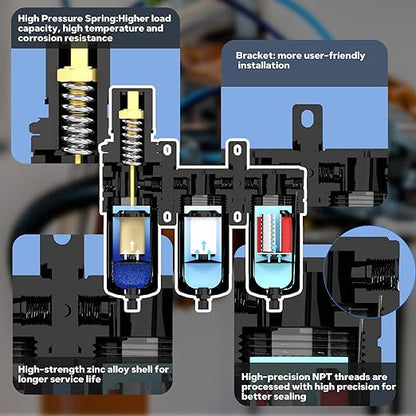 NEWPO 3/8" NPT Air Drying System for Water Separator,3 Stage Compressed Air Filter Regulator Combo, 5＆0.5&0.01 Micron Filter Cartridge,Semi-Auto Drain, Metal Bracket-Black