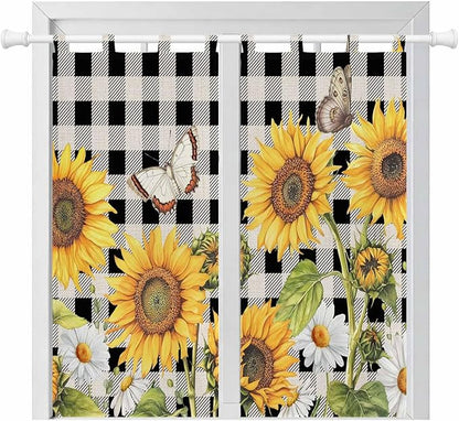 Sunflowers Living Room Curtains 84 Inch Length, Window Curtains Tab Top, Yellow Flowers Butterfly Farmhouse Black Plaid Light Filtering Window Treatments Drapes 42"x84" 2 Panel