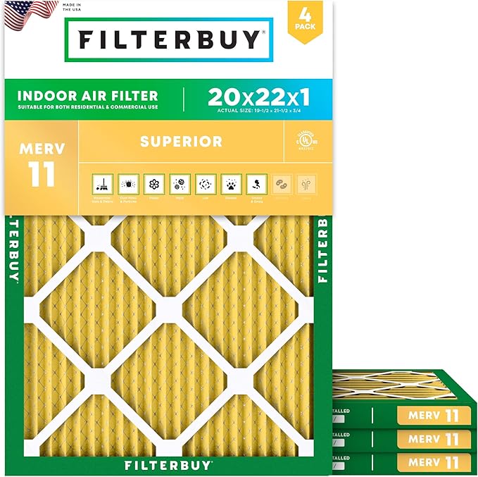 Filterbuy 20x22x1 Air Filter MERV 11 Superior Pet & Allergy Defense (4-Pack), Electrostatic Pleated HVAC AC Furnace Filters Replacement, Made in USA (Actual Size: 19.50 x 21.50 x 0.75)
