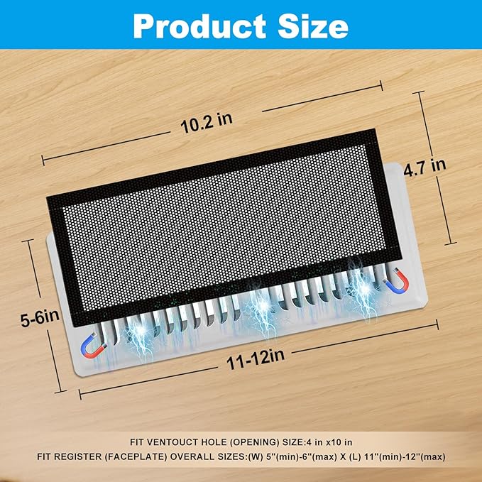 6-Pack Black Magnetic Vent Covers 4.7x10.2 Inch - Universal Fit for Floor, Wall & Ceiling Registers (5"-6" Width x 10"-12"Length) | High Airflow Mesh Design | Tool-Free Easy Installation