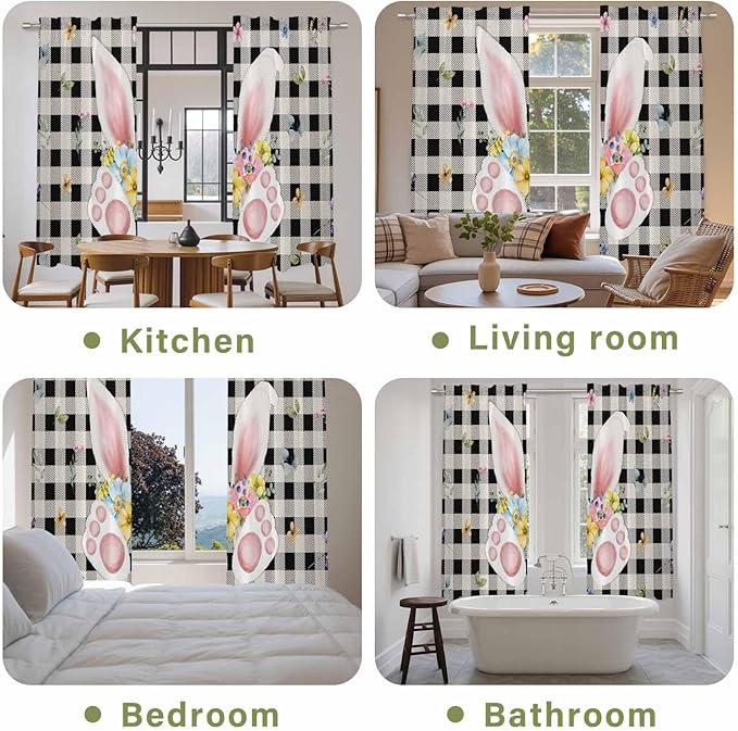 Easter Window Curtains 72 Inch Long 2 Panel Set,Rod Pocket Long Curtains & Drapes,Spring Rabbits Ears Feet Wildflowers Black Plaid Light Filtering Window Treatment for Bedroom Living Room 52"W x 72"L