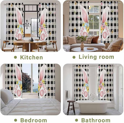 Easter Window Curtains 72 Inch Long 2 Panel Set,Rod Pocket Long Curtains & Drapes,Spring Rabbits Ears Feet Wildflowers Black Plaid Light Filtering Window Treatment for Bedroom Living Room 52"W x 72"L