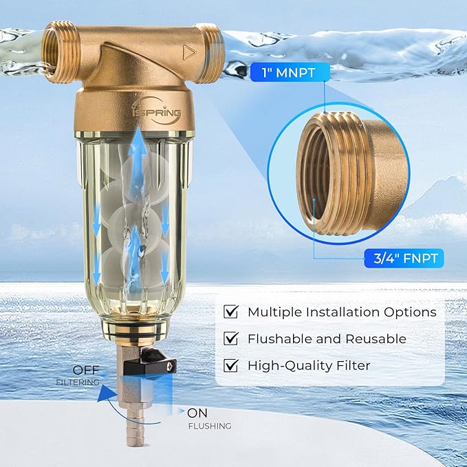 iSpring WSP-1000SL Reusable Whole House Spin Down Sediment Water Filter, Siliphos Helps Prevent Scale and Corrosion, 1" MNPT + 3/4" FNPT, 1000 Micron