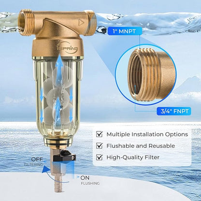 iSpring WSP-50SL Reusable Whole House Spin Down Sediment Water Filter Softener, Includes Siliphos Helps Prevent Scale and Corrosion, 1" MNPT + 3/4" FNPT, 50 Micron