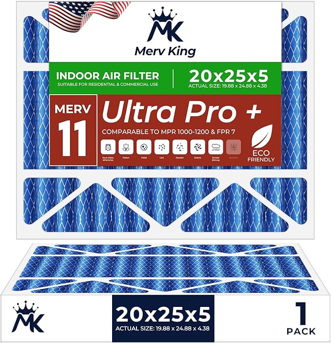 MervKing 20x25x5 Air Filter Actual Size: 19.88" x 24.88" x 4.38" MERV 11 MPR 1000-1200 | MADE IN USA | 1-Pack | Pleated HVAC AC Furnace Replacement
