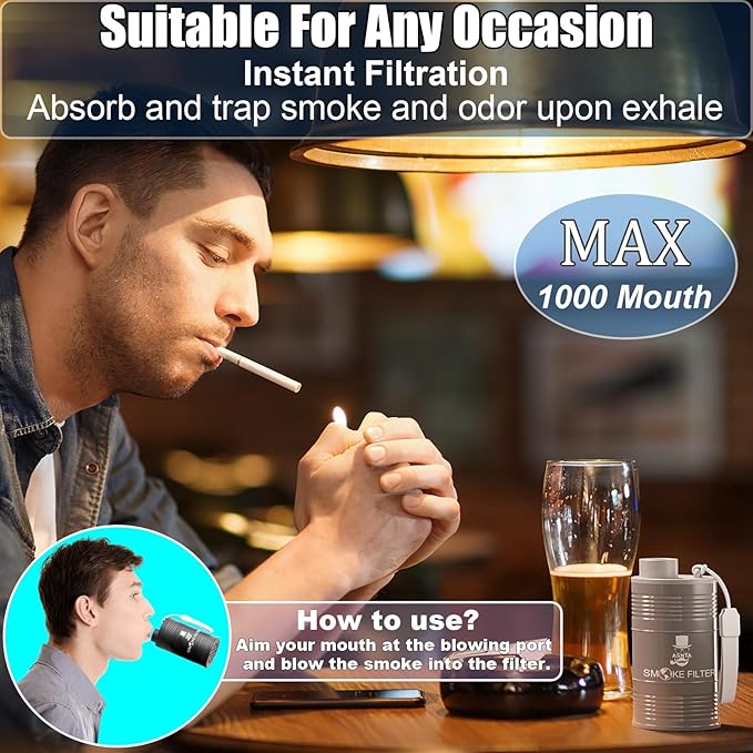 Personal Smoke Air Filter(Metal Housing)- Effectively Captures Smoke and Eliminates Odors, Comes with a Replaceable Filter Element (Grey)