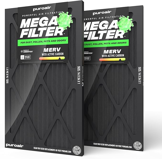 PuroAir MegaFilter - 14x24x1 Air Filter MERV 13 Activated CarbonTech Defense - Heavy Duty 3 Layer Furnace Filters Allergens, Pollen, Dust, Pet Dander, Smoke, Odors - HVAC Air Filter 14x24x1 (2-Pack)