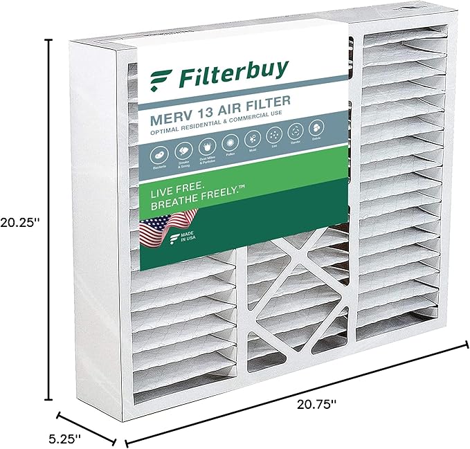 Filterbuy 20x20x5 Air Filter MERV 13 Optimal Smoke & Allergy Defense (1-Pack), Pleated HVAC AC Furnace Filters for Amana, Coleman, Goodman, Maytag, York, and More (Actual Size: 20.25 x 20.75 x 5.25)