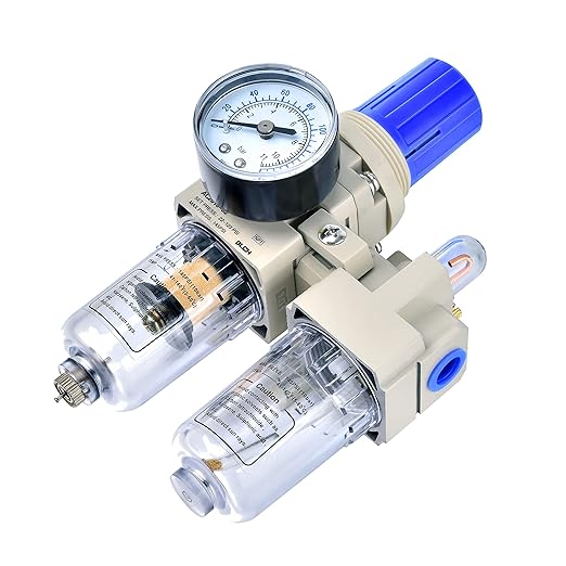 BLCH 1/4" NPT Air Compressor Water Separator - Air Pressure Regulator Compressed Air Filter Regulator Lubricator Combo AC2010-02 Manual Drain Poly Bowl Gauge 0-160 PSI 5μm Brass