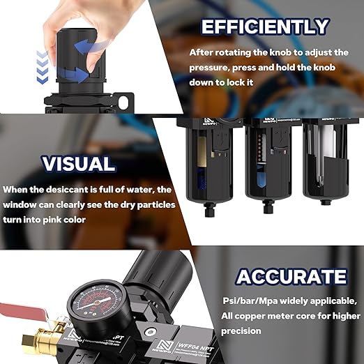 NEWPO 3/8" NPT 3 Stage Air Dryer for Compressor, Air Drying System with 5＆0.01 Micron Filter Cartridge，Desiccant Dryer & Air Regulator, Metal Bowl Semi-Auto Drain