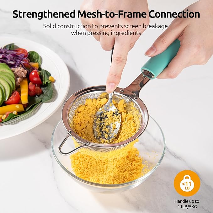 U-Taste Small Fine Mesh Strainer: 18/8 Stainless Steel 3.35in 30 Mesh Kitchen Food Sieve with Sturdy Riveted Silicone Handle, Heavy Duty Deep Handheld Metal Colander for Tea, Juice (Aqua Sky)