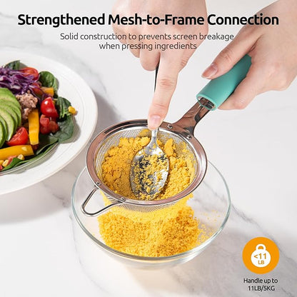 U-Taste Small Fine Mesh Strainer: 18/8 Stainless Steel 3.35in 30 Mesh Kitchen Food Sieve with Sturdy Riveted Silicone Handle, Heavy Duty Deep Handheld Metal Colander for Tea, Juice (Aqua Sky)