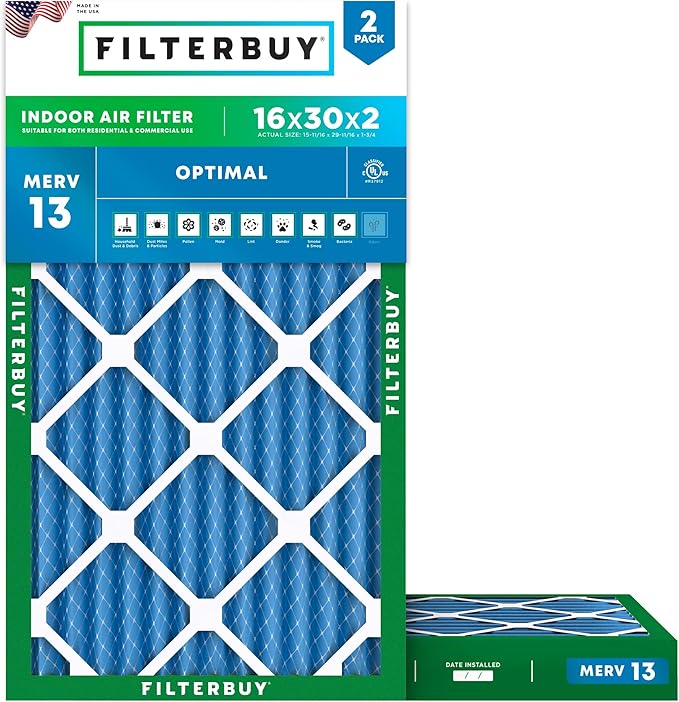 Filterbuy 16x30x2 Air Filter MERV 13 Optimal Smoke & Allergy Defense (2-Pack), Electrostatic Pleated HVAC AC Furnace Filters Replacement, Made in USA (Actual Size: 15.69 x 29.69 x 1.75)