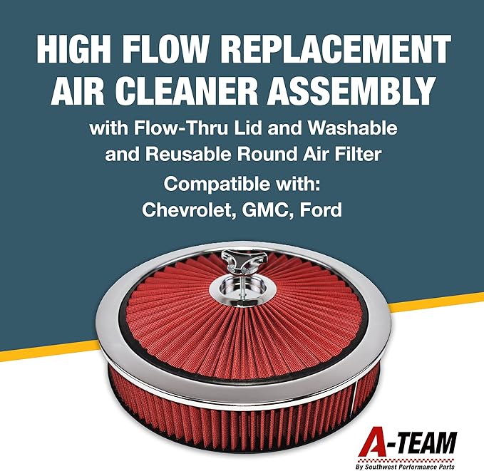 A-Team Performance High-Flow Air Cleaner Assembly - 14x3in, Red Chrome Top & Base Red Air Cleaner Element - Performance Auto Parts & Replacement Filter - Compatible with Chevrolet, GMC & Ford