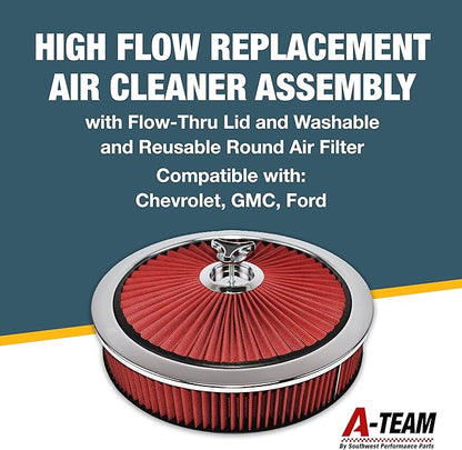 A-Team Performance High-Flow Air Cleaner Assembly - 14x3in, Red Chrome Top & Base Red Air Cleaner Element - Performance Auto Parts & Replacement Filter - Compatible with Chevrolet, GMC & Ford