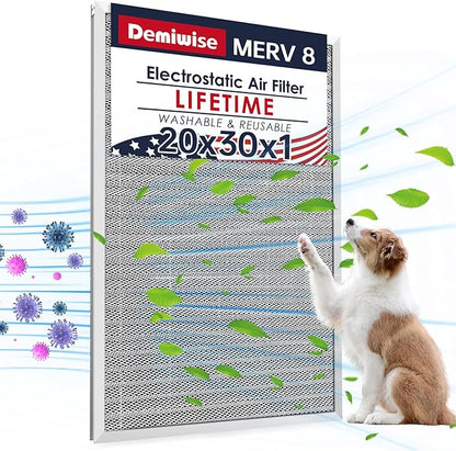 20x30x1 Electrostatic Air Filter, MERV 8 Reusable & Washable Aluminum AC/HVAC Furnace Filter Replacement, Permanent Air Filter, Lasts a Lifetime (Actual Size:19.72"x29.59"x0.82")