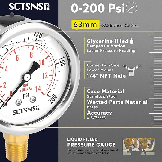 2-1/2" Dial Size, 0-200 Psi Pressure Gauge, Glycerin Liquid Filled, 1/4" NPT Lower Mount, Stainless Steel Case, for Air Compressor, Shock, Water System, Well Pump, Tank, Pipe, Pressure Test