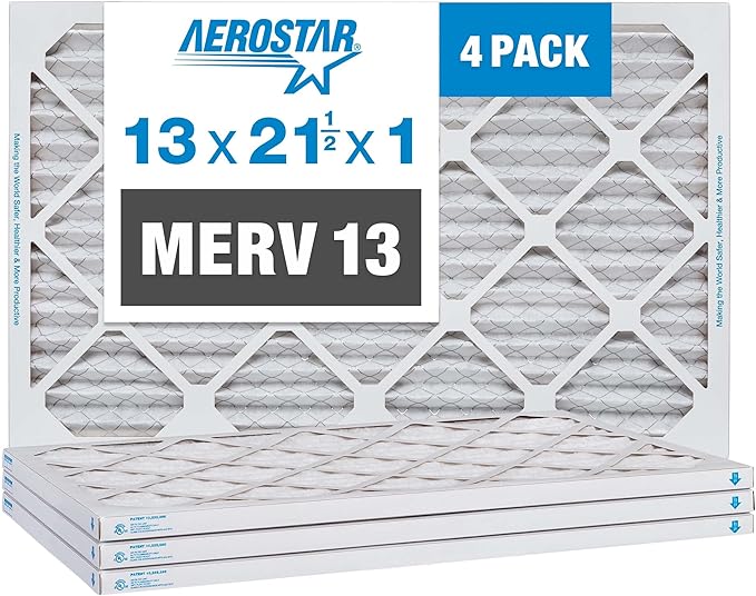 Aerostar 13x21.5x1 Air Filter MERV 13 (For Allergies, Dust, Lint, Mold, Pet Dander, Smoke, Smog & Bacteria) - Electrostatic MPR 1500-1900 & FPR 10 - Pleated HVAC AC Furnace Air Filters - Pack of 4