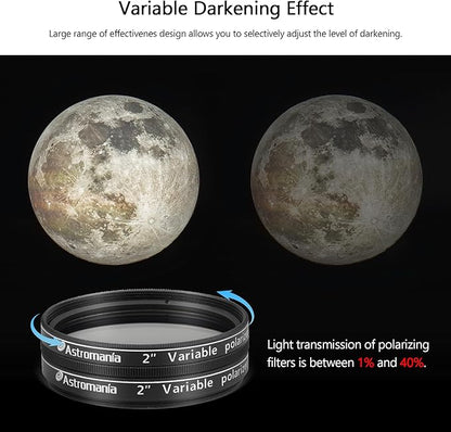 Astromania Telescope Filter, 2 Inch Variable Grey Polarizing Filter, Variable Polarizing Moon Filter for Astronomical Telescope & Eyepiece, Telescope Accessory with Adjustable 1-40% Light Transmission