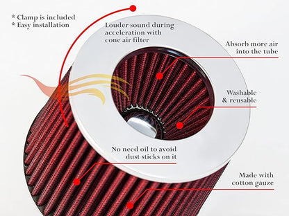 RED 3.5" 89 mm Inlet Cold Air INTAKE Cone Replacement Performance Washable Clamp-On Dry Air Filter