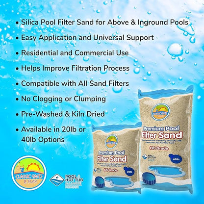 CLASSIC SAND & PLAY Swimming Pool Filter Sand for Above & Inground Pools, 20 lbs, Supports Residential and Commercial Filtration Systems, Premium Efficient Silica, No Clogging or Clumping, #20 Grade