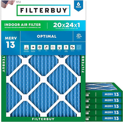 Filterbuy 20x24x1 Air Filter MERV 13 Optimal Smoke & Allergy Defense (6-Pack), Electrostatic Pleated HVAC AC Furnace Filters Replacement, Made in USA (Actual Size: 19.38 x 23.38 x 0.75)
