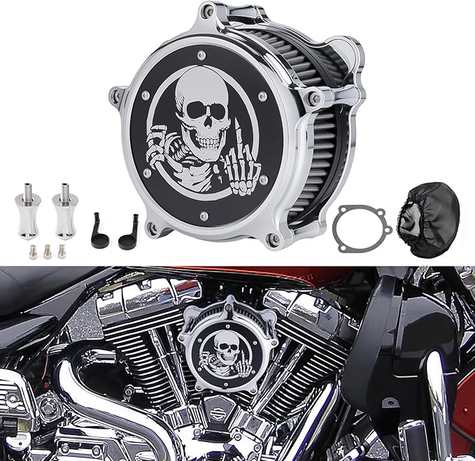 Motorcycle Air Filter Skull Style Air Cleaner with Filter Sock Dustproof Protective Cover Kit for Harley Touring 2000-07 Softail 2000-15 Dyna 2000-17, Excludes 2017 FXDLS (Chrome)