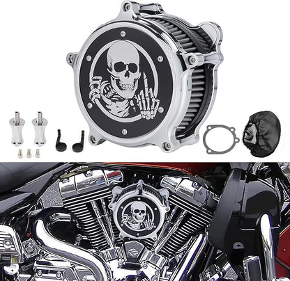 Motorcycle Air Filter Skull Style Air Cleaner with Filter Sock Dustproof Protective Cover Kit for Harley Touring 2000-07 Softail 2000-15 Dyna 2000-17, Excludes 2017 FXDLS (Chrome)