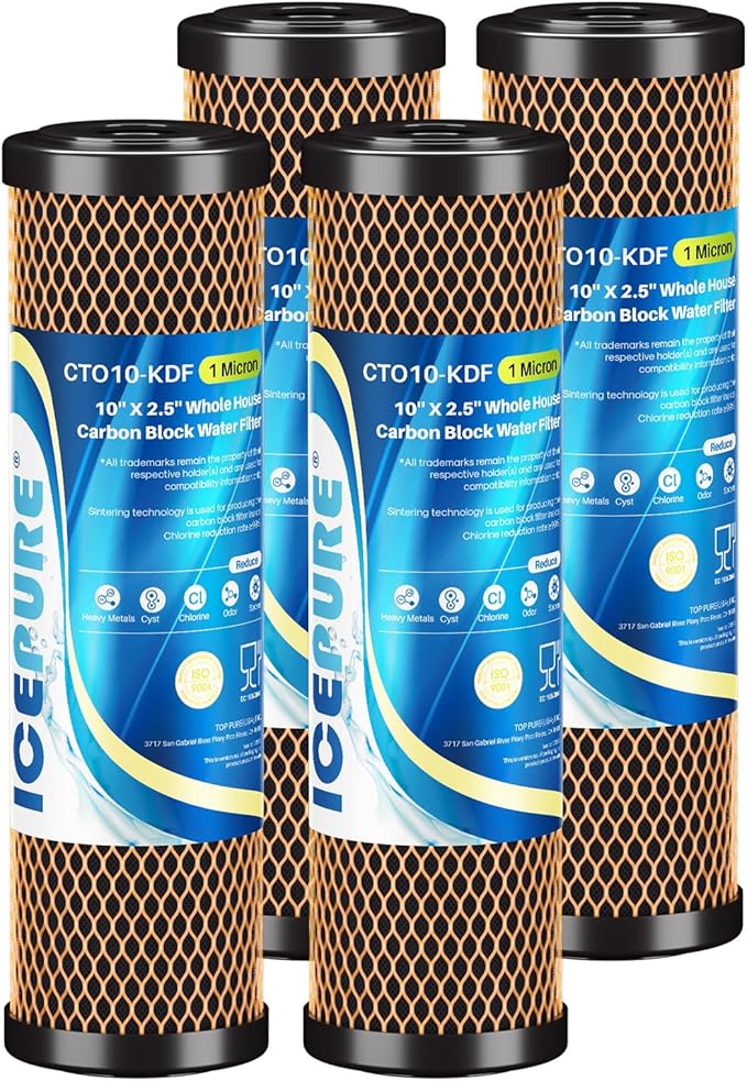 ICEPURE 1 Micron 2.5" x 10" Whole House Water Filter Coconut Shell Activated CTO Carbon and KDF Cartridge for Home, Compatible with WFPFC8002, WFPFC9001, FXWTC, SCWH-5, WHEF-WHWC, AMZN-SCWH-5, 4PACK