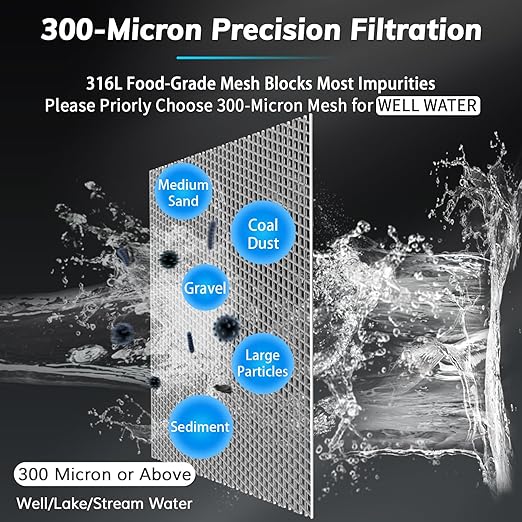 Spin Down Sediment Filters with Scraper, Well Water Filter System for House, Reusable Whole House Water Filter for Well Water, 300 Micron, 1" MNPT + 3/4" FNPT + 3/4" MNPT, BPA Free