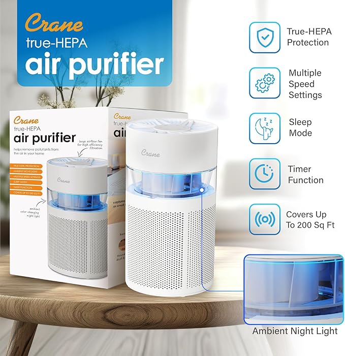 Crane True HEPA Air Purifier with Ambient Night Light and Aroma Tray, Covers Up to 200 sq ft, Quiet Air Cleaner for Bedroom, Nursery, Dorm, or Office, Removes Dust, Pollen, Smoke, and Pet Dander