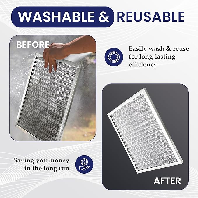 | Merv 8 | Washable & Reusuable AC/Furnace Filter | Lifetime HVAC & Furnace Air Filter | Washable | Superior particle-holding Ability | Premium Quality Aluminum | 16x24x1