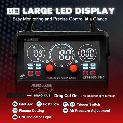 LTP8050 CNC | 80A Blowback Plasma Cutter, THC/ARC OK, Drag-Cut, 1" Clean (1.5" Sever), 220V, LED Display & Front Regulator, Air Filter for CNC Table