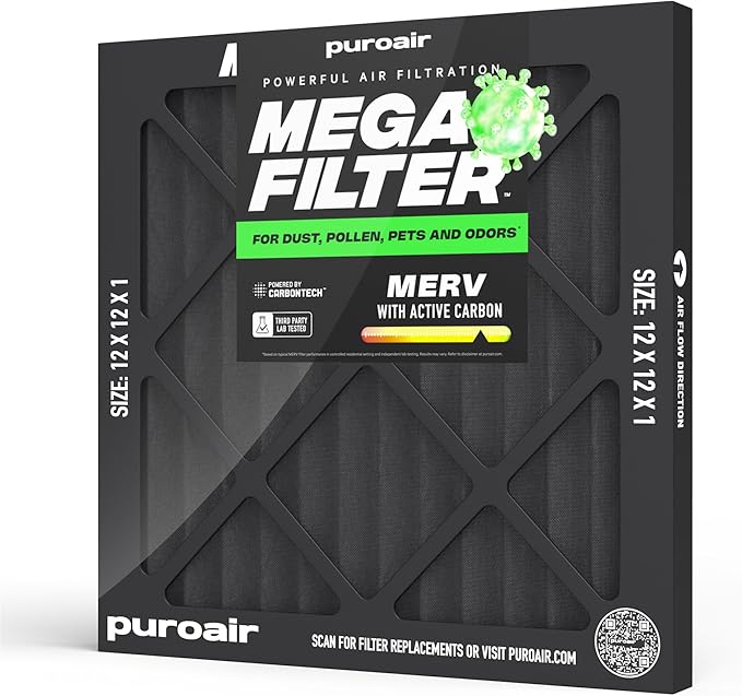 PuroAir MegaFilter - 12x12x1 Air Filter MERV 13 Activated CarbonTech Defense - Heavy Duty 3 Layer Furnace Filters Allergens, Pollen, Dust, Pet Dander, Smoke, Odors - HVAC Air Filter 12x12x1 (1-Pack)