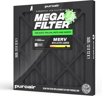 PuroAir MegaFilter - 12x12x1 Air Filter MERV 13 Activated CarbonTech Defense - Heavy Duty 3 Layer Furnace Filters Allergens, Pollen, Dust, Pet Dander, Smoke, Odors - HVAC Air Filter 12x12x1 (1-Pack)