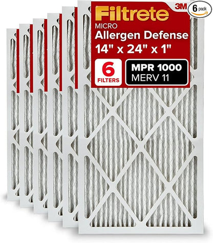 Filtrete 14x24x1 Air Filter, MERV 11, MPR 1000, Allergen Defense, 3-Month AC and Furnace Filter, Easy on Air Flow, 6 HVAC Filters (Actual Size 13.81x23.81x0.81 in)
