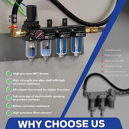 NEWPO 1/4'' NPT 4 Stage Air Drying System,Air Dryer for Compressor,5 &0.01 Micron Brass Coalescing Filter,Double Desiccant Dryer for Plasma Cutter and Paint Spray,Semi-Auto Drain (Black)