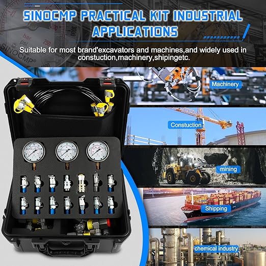 SINOCMP Hydraulic Pressure 3 Gauges(25/40/60MPa) Test Kit with 4 Test Hoses & 14 Straight Connectors & 19 Tee Connectors for Construction Machinery Excavator(Black)