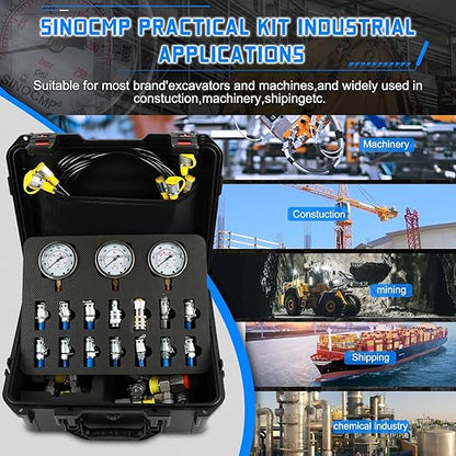 SINOCMP Hydraulic Pressure 3 Gauges(25/40/60MPa) Test Kit with 4 Test Hoses & 14 Straight Connectors & 19 Tee Connectors for Construction Machinery Excavator(Black)