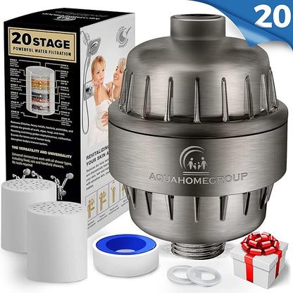 AquaHomeGroup 20 Stage Shower Head Filter with Vitamin C E A for Hard Water - High Output Filter to Remove Chlorine and Fluoride - 2 Replacement Cartridges - Consistent Flow Showerhead Filter