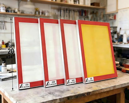 Aluminum Screen Printing Screens, 20 x 24 Inch Pre-Stretched Silk Screen Frames, Dry Sift Screen Set, Polyester mesh Screen, 60 90 110 200 Mesh, Micron Equiv 250 165 149 75 (4pack), 3 White 1 Yellow