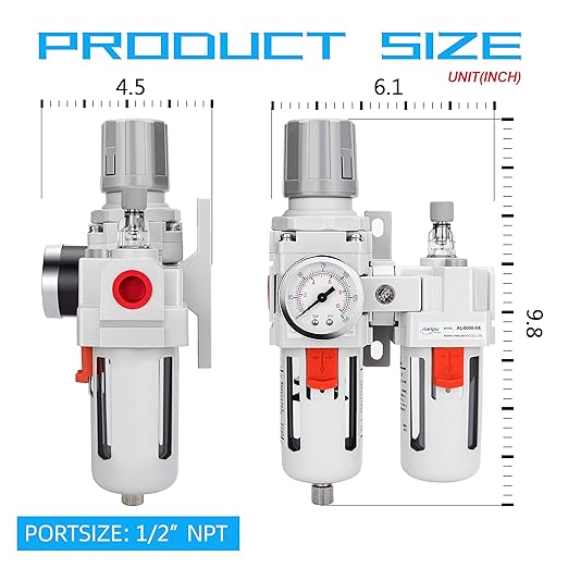 NANPU 1/2" NPT Compressed Air Filter Regulator Lubricator Combo Water/Oil Trap Separator - Gauge(0-150 psi), Poly Bowl, Semi-Auto Drain, Bracket - 3 in 1 Two Unit