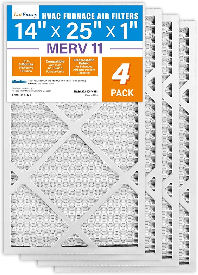 LotFancy 14x25x1 Air Filter MERV 11 4-Pack, Electrostatic Pleated AC Furnace Air Filter, Captures Dust, Smog & Pet Dander, Actual Size: 13.75"x24.75"x0.75"